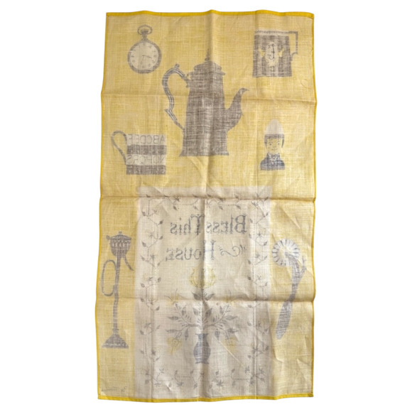 Vintage Peg Thomas Tea Towel Linen Bless This House Kitchen Dish MCM Yellow NOS - Picture 12 of 14